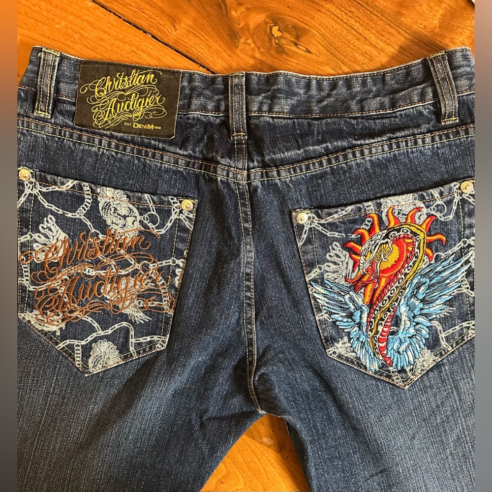 Christian Audigier Jeans Mens 34 Blue Denim Embroidered Snake Wings Sun Rock